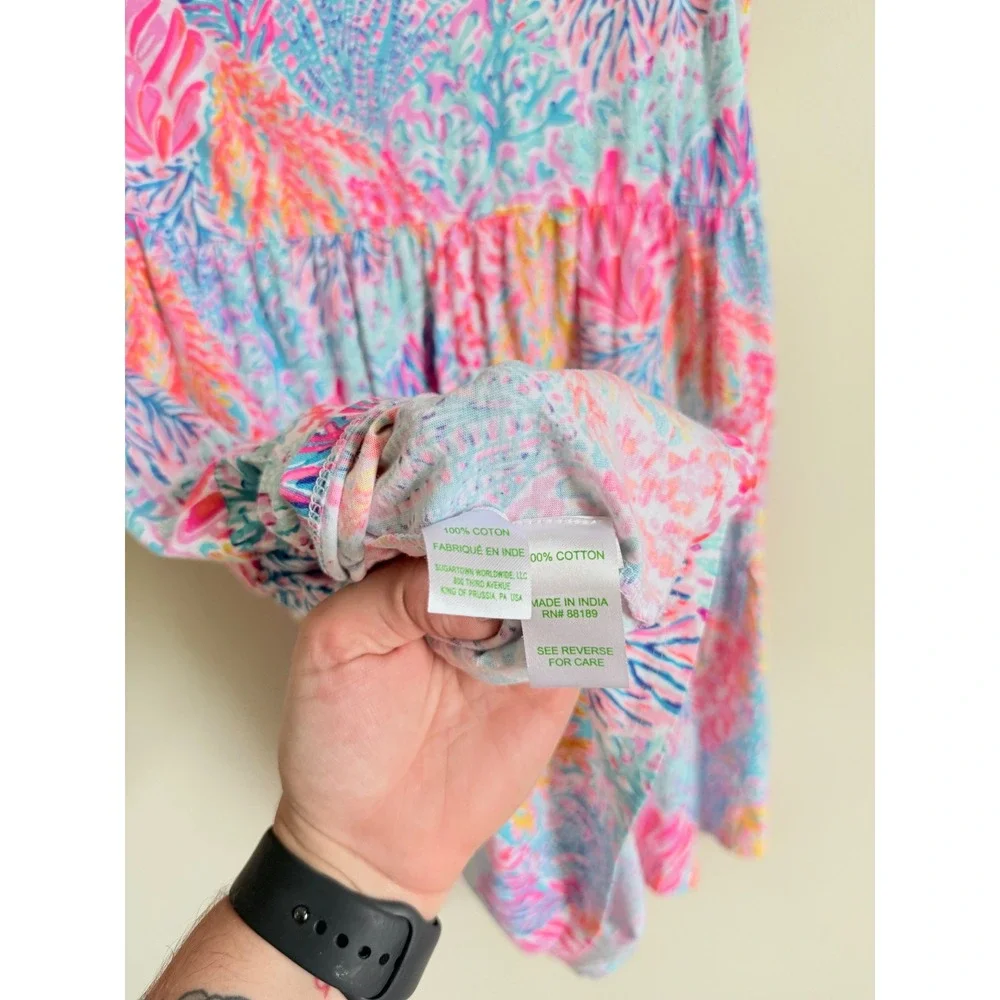 Lilly Pulitzer Girls Geanna Dress XL 12-14 Pink Blue Coral Tiered Knit Cotton